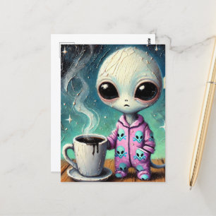 Alien in PJs mit Kaffee Postkarte