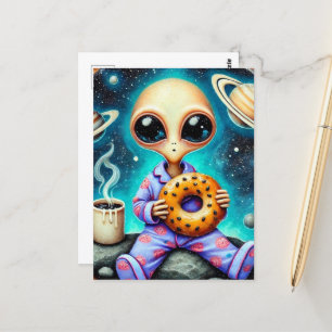 Alien in PJs mit Kaffee und Bagel Postkarte