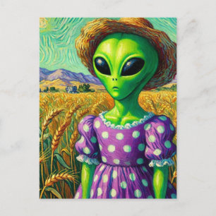 Alien in Polka Dot Dress und Strohhüttenfeld Postkarte