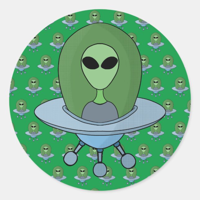 Alien in seinem kleinen Raumschiff Runder Aufkleber (Vorderseite)