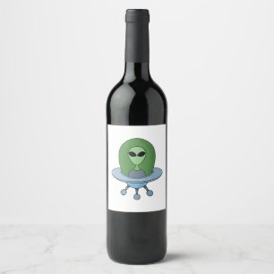 Alien in seinem kleinen Raumschiff Weinetikett