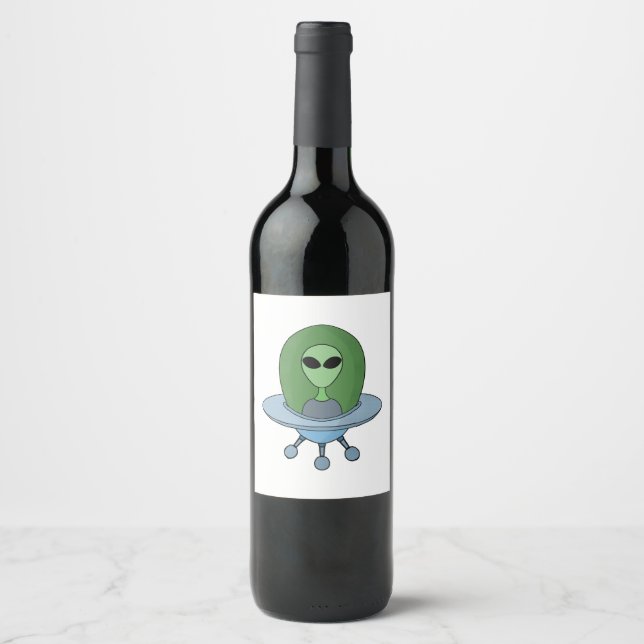 Alien in seinem kleinen Raumschiff Weinetikett (Vorderseite)