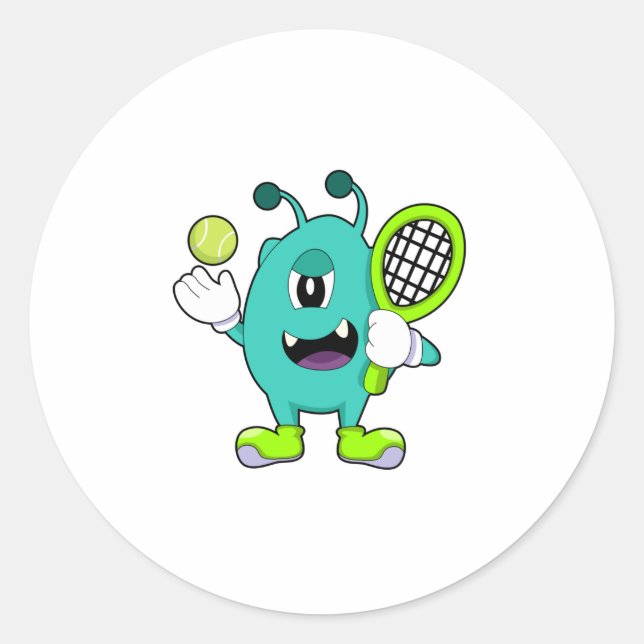 Alien in Tennis mit Tennisschläger Runder Aufkleber (Vorderseite)
