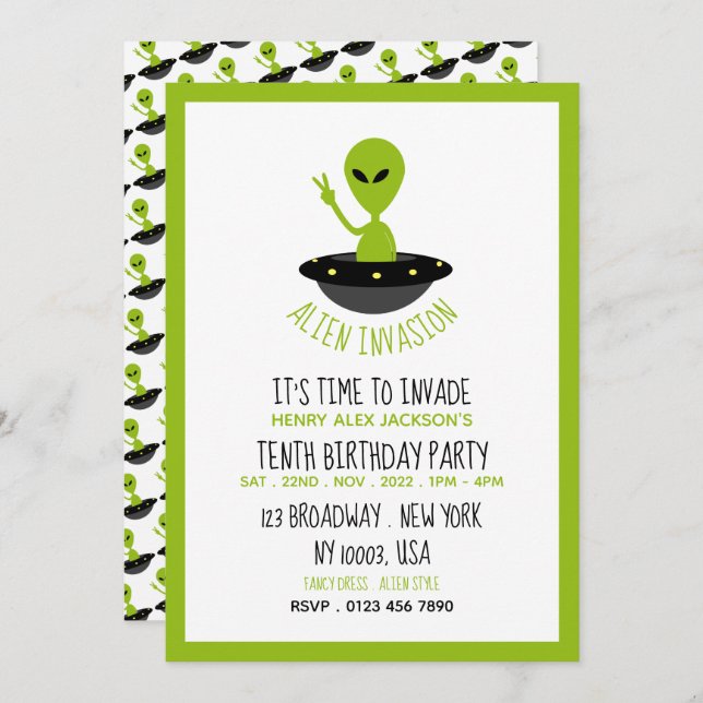 Alien Invasion, Geburtstag Einladung (Vorne/Hinten)