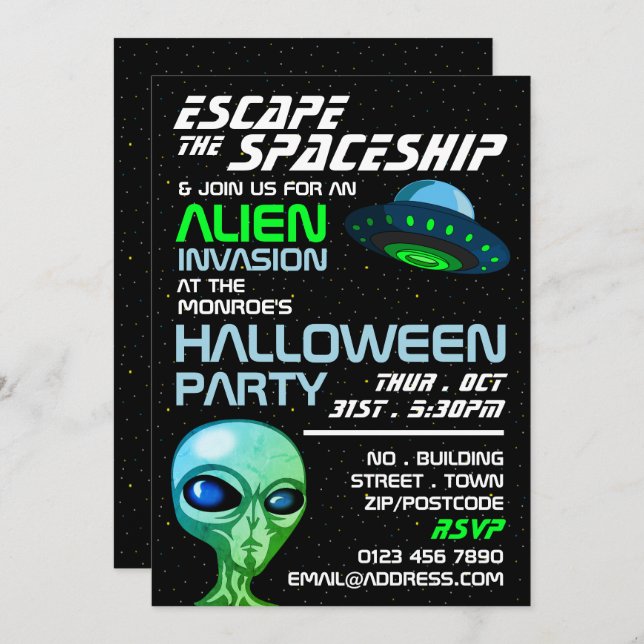 Alien Invasion Thema, Escape Room, Halloween-Party Einladung (Vorne/Hinten)