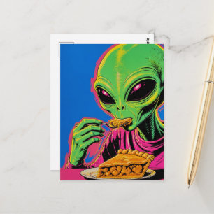 Alien isst Apfelkuchen Pop-Art Postkarte