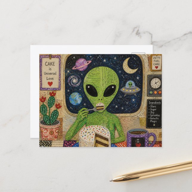 Alien isst Kuchen Postkarte (Vorderseite/Rückseite Beispiel)