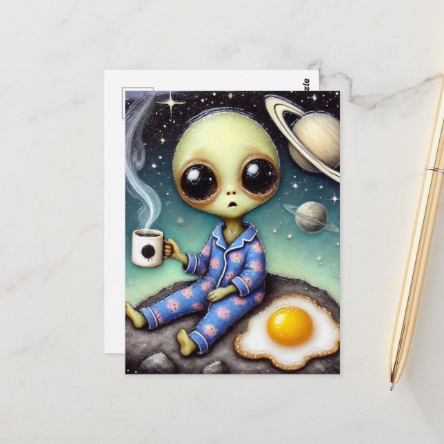 Alien Kaffee mit Ei und Kaffee Postkarte (Vorderseite/Rückseite Beispiel)