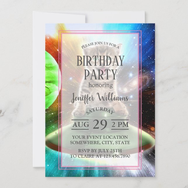 Alien-Katze in der Untertasse Einladung (Vorderseite)