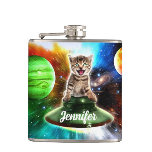 Alien-Katze in der Untertasse Flachmann