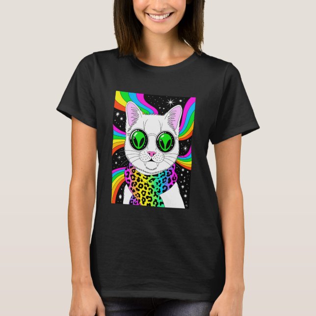 Alien-Katze-Regenbogen-Trippy-Kunst Lustig T-Shirt (Vorderseite)