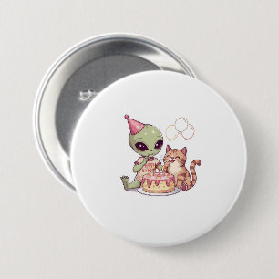 Alien-Katzen-Geburtstagsfeier-Cartoon Button