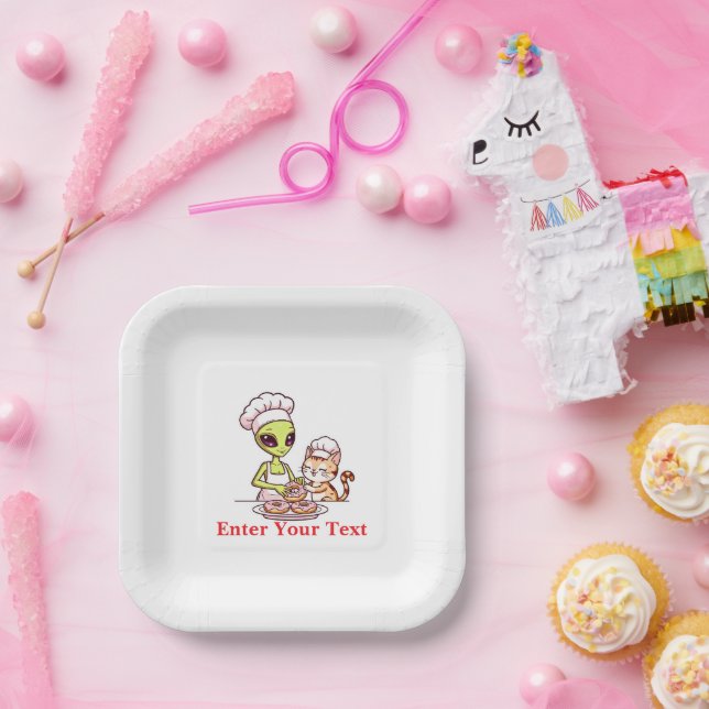 Alien-Koch-Katze-Donut-Kawaii-Design Pappteller (Party)