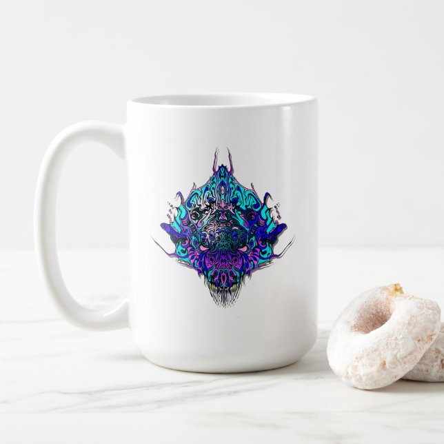 Alien Kopf blau-lila Stammesdesign Kaffeetasse (Mit Donut)