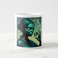 Alien Lady hält ein transparentes Glasobjekt