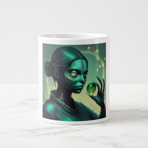 Alien Lady hält ein transparentes Glasobjekt Jumbo-Tasse