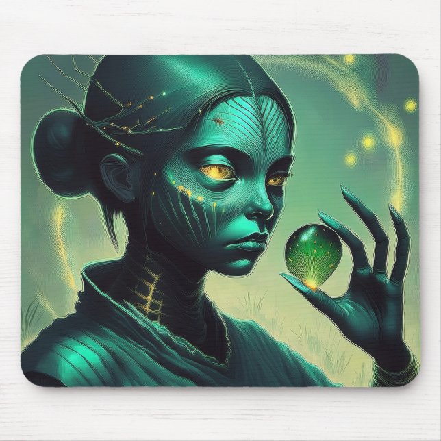 Alien Lady hält ein transparentes Glasobjekt Mousepad (Vorne)