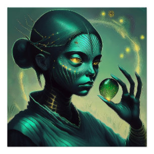 Alien Lady hält ein transparentes Glasobjekt Poster