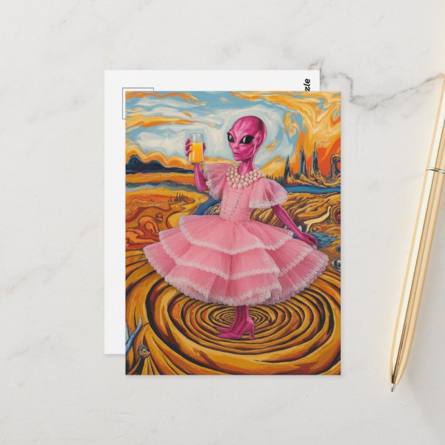 Alien Lady in Rosa mit Orangensaft Postkarte (Vorderseite/Rückseite Beispiel)