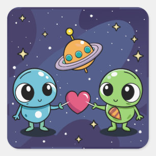 Alien Liebe Buddies Quadratischer Aufkleber