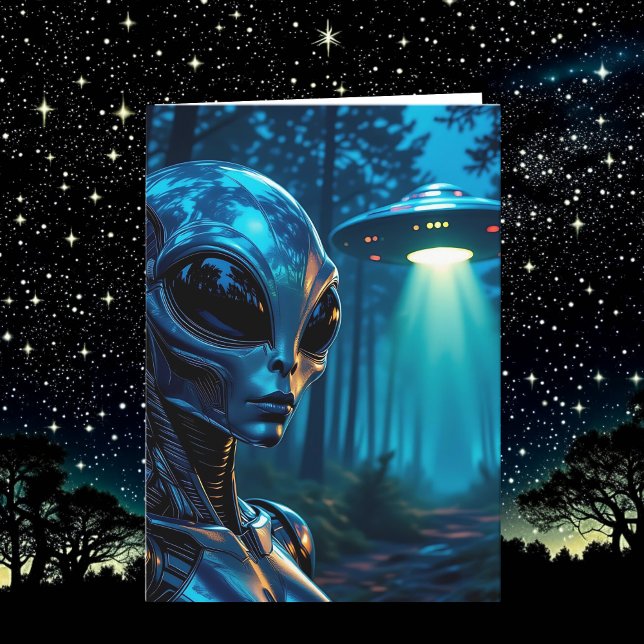 Alien Metallic Futuristic Forest Scene Geburtstag Karte (Von Creator hochgeladen)
