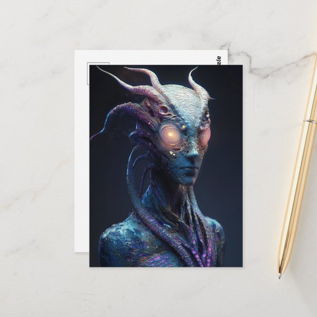 Alien mit leuchtenden Augen Postkarte (Vorderseite/Rückseite Beispiel)