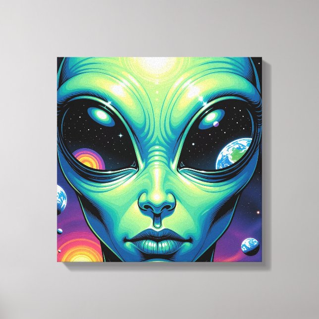 Alien mit Planeten-Reflektionen in den Augen Leinwanddruck (Vorderseite)