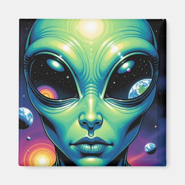 Alien mit Planeten-Reflektionen in den Augen Magnet (Vorne)