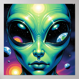 Alien mit Planeten-Reflektionen in den Augen Poster
