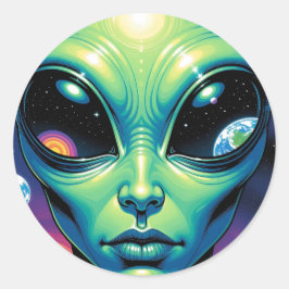 Alien mit Planeten-Reflektionen in den Augen Runder Aufkleber