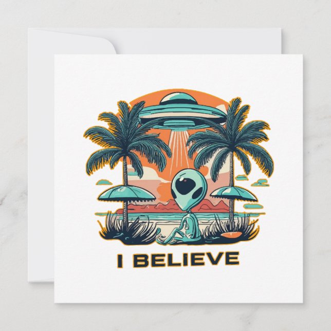 Alien mit UFO I BELIEVE Einladung (Rückseite)
