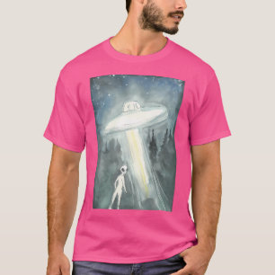 Alien mit Ufo im Wald T-Shirt