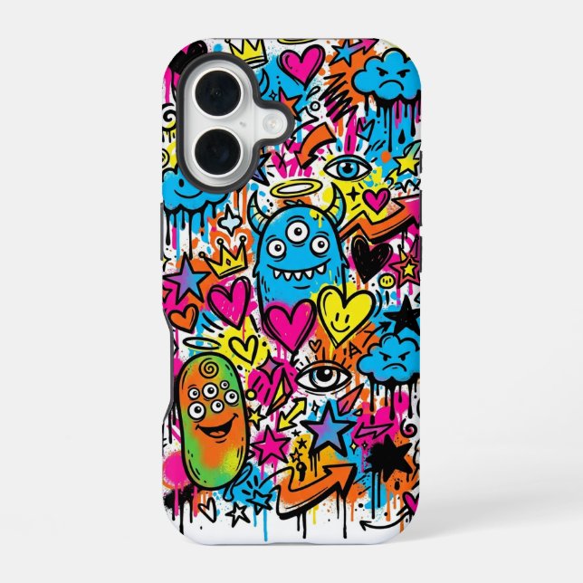 Alien-Monster-Graffiti-Muster iPhone 16 Hülle (Rückseite)