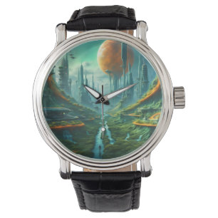 Alien Nature & Futuristic City Surreal Sci-Fi Kuns Armbanduhr
