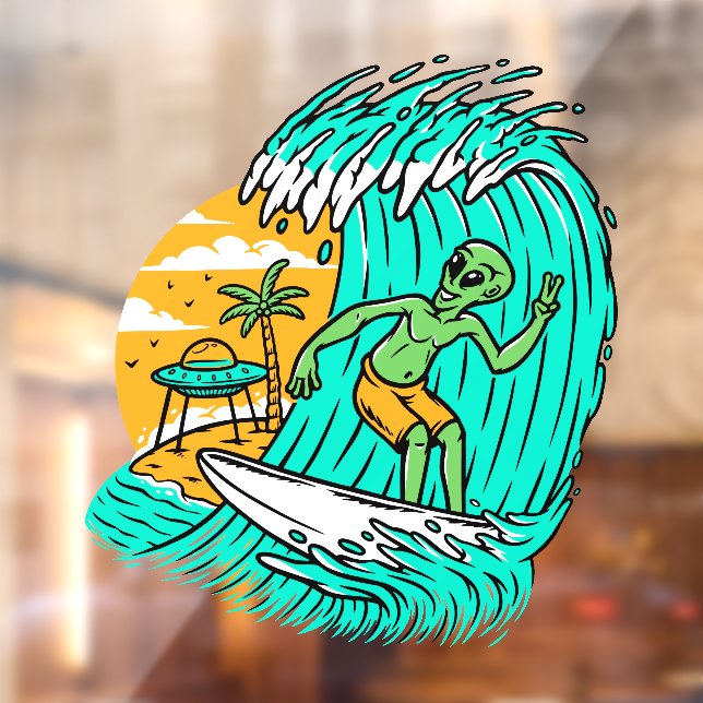 Alien Peace Sign Surfing UFO Parkplatz am Strand Fensteraufkleber (Blatt 2)