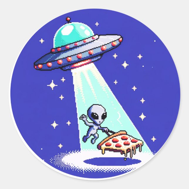 Alien Pizza Abduction - Funny Pixel Art UFO Design Runder Aufkleber (Vorderseite)