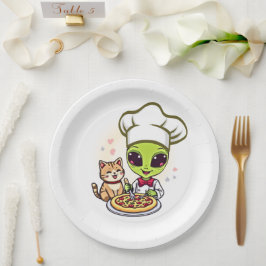 Alien-Pizza-Koch-Katzen-Cartoon-Kunst Pappteller
