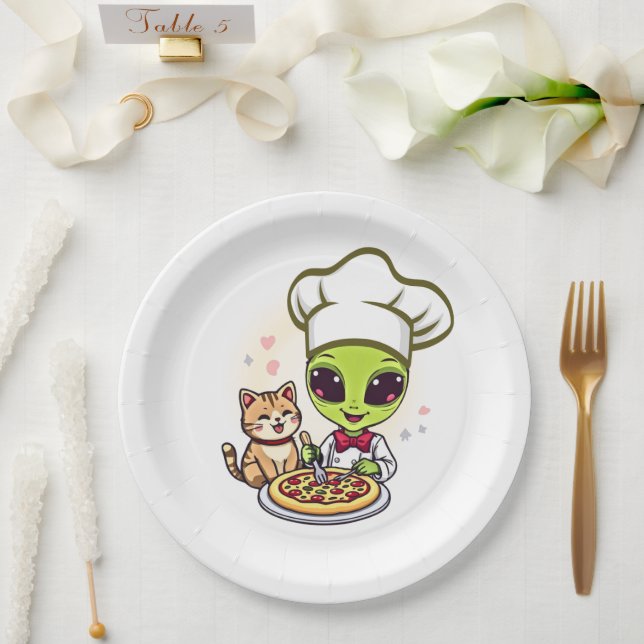 Alien-Pizza-Koch-Katzen-Cartoon-Kunst Pappteller (Hochzeit)