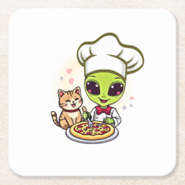 Alien-Pizza-Koch-Katzen-Cartoon-Kunst Rechteckiger Pappuntersetzer
