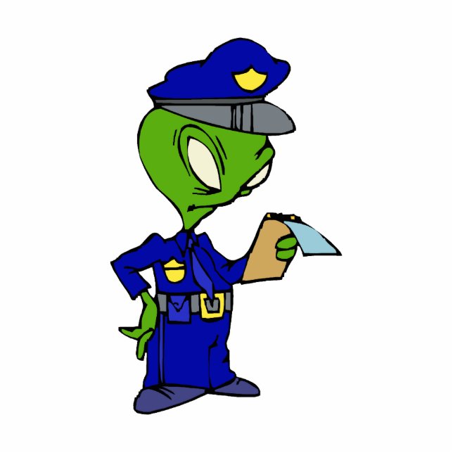 Alien-Polizist, der eine Karte schreibt Freistehende Fotoskulptur (Vorne)