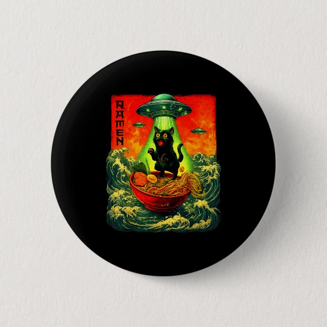 Alien Ramen Cat Ufo Japanese Retro Art Gifts Men W Button (Vorderseite)