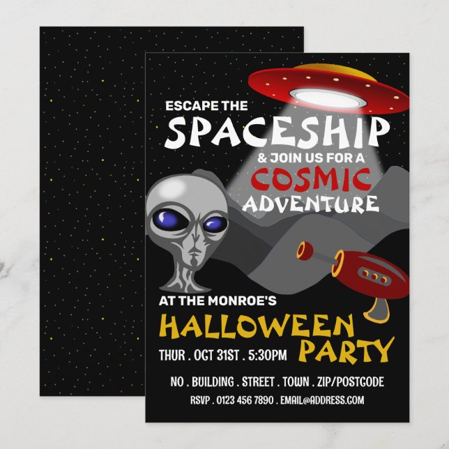 Alien Raumschiff Thema, Escape Room, Halloween Einladung (Vorne/Hinten)