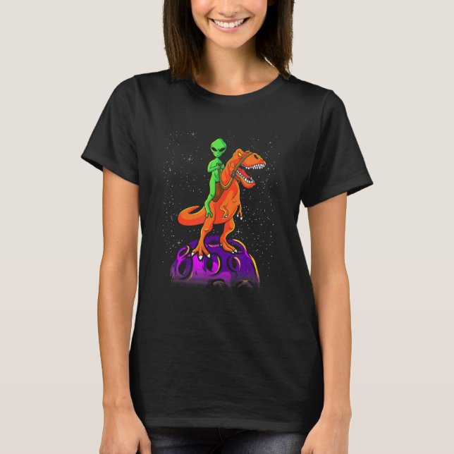Alien Riding Dinosaur T Rex Kinder Jungen Weltraum T-Shirt (Vorderseite)