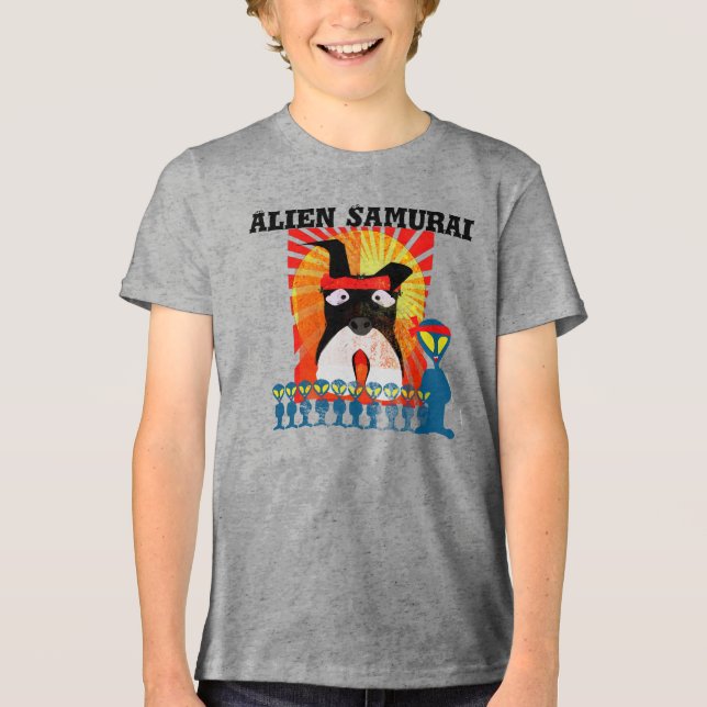 Alien Samurai mit seinem Samurai Terrier Dog Tri-Blend Shirt (Vorderseite)