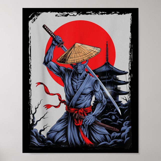 Alien Samurai Ufo Vintag Graphic Ukiyo-e Poster (Vorne)