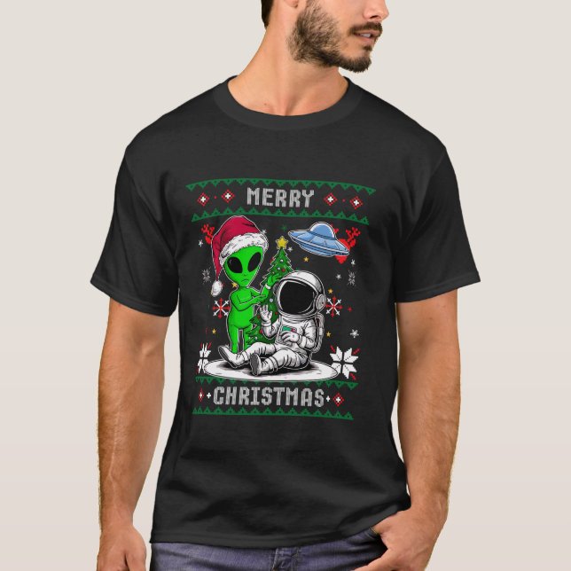 Alien Santa Astronaut Merry Christmas Tree Funny S T-Shirt (Vorderseite)