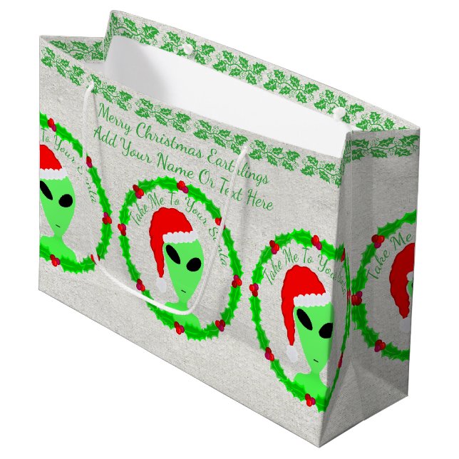 Alien Santa Holly Wreath LGM Large Gek Spaß Große Geschenktüte (Vorderseite Schrägansicht)