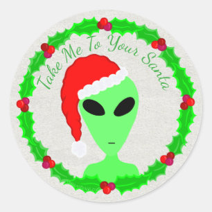 Alien Santa Holly Wreath Little Green Man Runder Aufkleber
