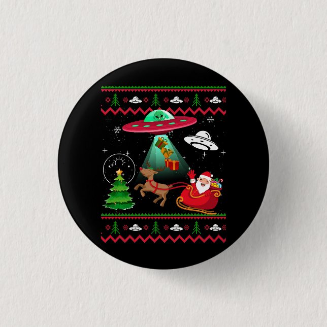 Alien Santa UFO Entführung Ugly Christmas Sweater  Button (Vorderseite)