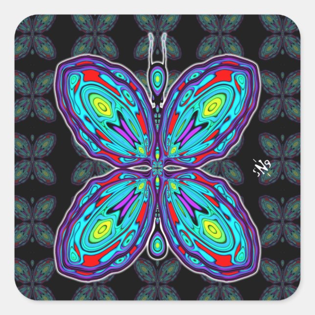 Alien Schmetterling (farbiges Muster) v3 Quadratischer Aufkleber (Vorderseite)